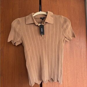 NWT Express Ribbed Scalloped Novelty Button Short Sleeve Polo Sweater